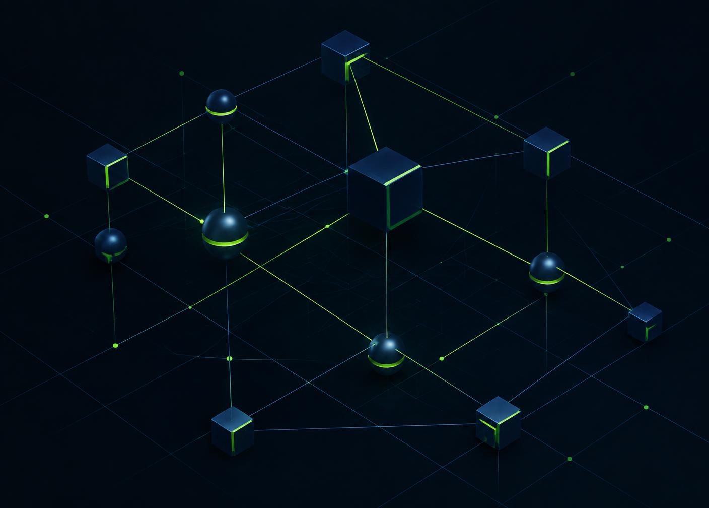 Abstract three-dimensional network diagram of connected cubes and spheres on a dark background